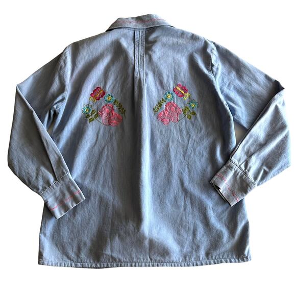 La Fiesta VTG Mexican Mushroom Whimsy Embroidered Snap Front Chambray Shirt S - Picture 2 of 9